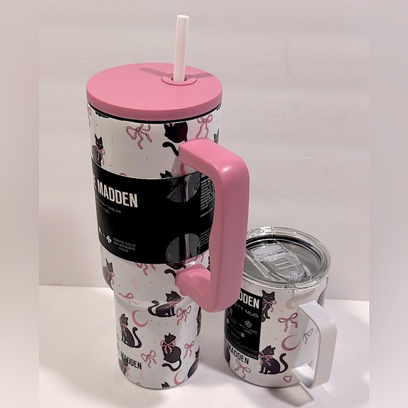 Steve Madden Pink and Black Cat Print Tumbler and Mug Set - Picture 6 of 7